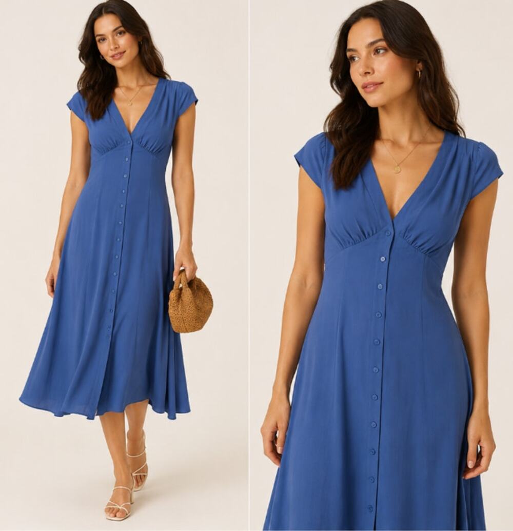 NWT Reformation Wilda Midi Dress Blue Button Front Cap Sleeve Size 6